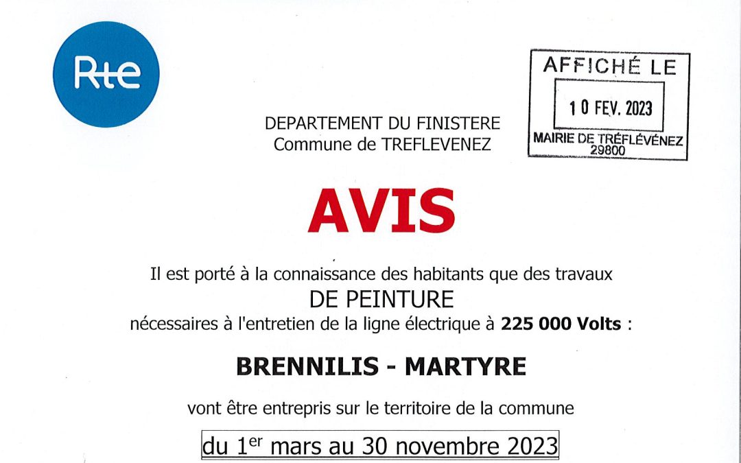 Travaux de peinture du 1er mars au 30 nov 2023 – sur la ligne électrique Brennilis-Martyre